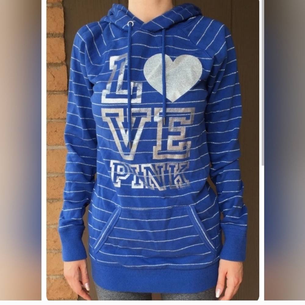 VTG-PINK Victoria's Secret Blue and White Striped Hoodie